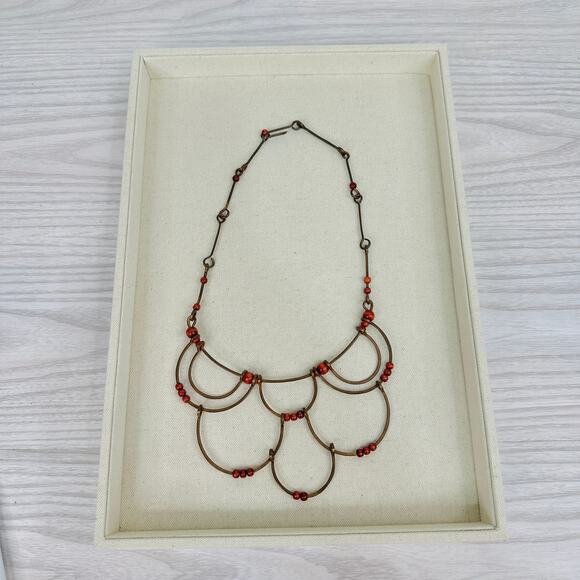 Handmade Copper Boho Choker Necklace Multi-layered w/ Red Wood Beads Hook Clasp - Picture 4 of 6